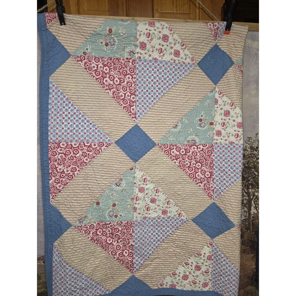 Pastel Shabby Chic Half-Square Triangle Quilt Twin Size I Sham 25x20